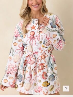 Linen Seashell & Coral Print White Tunic Dress
